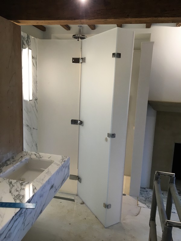 Bespoke frosted glass shower enclosure in New Cross Gate luxury bathroom